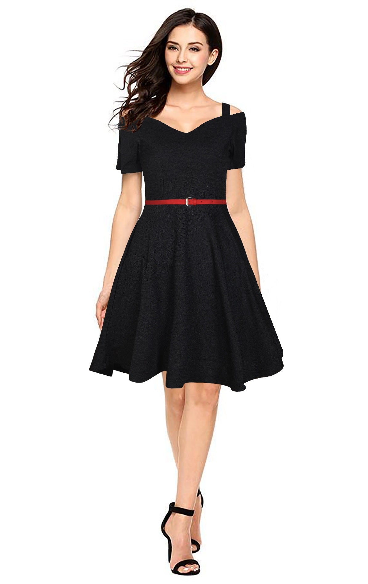 off-shoulder fit-and-flare dress