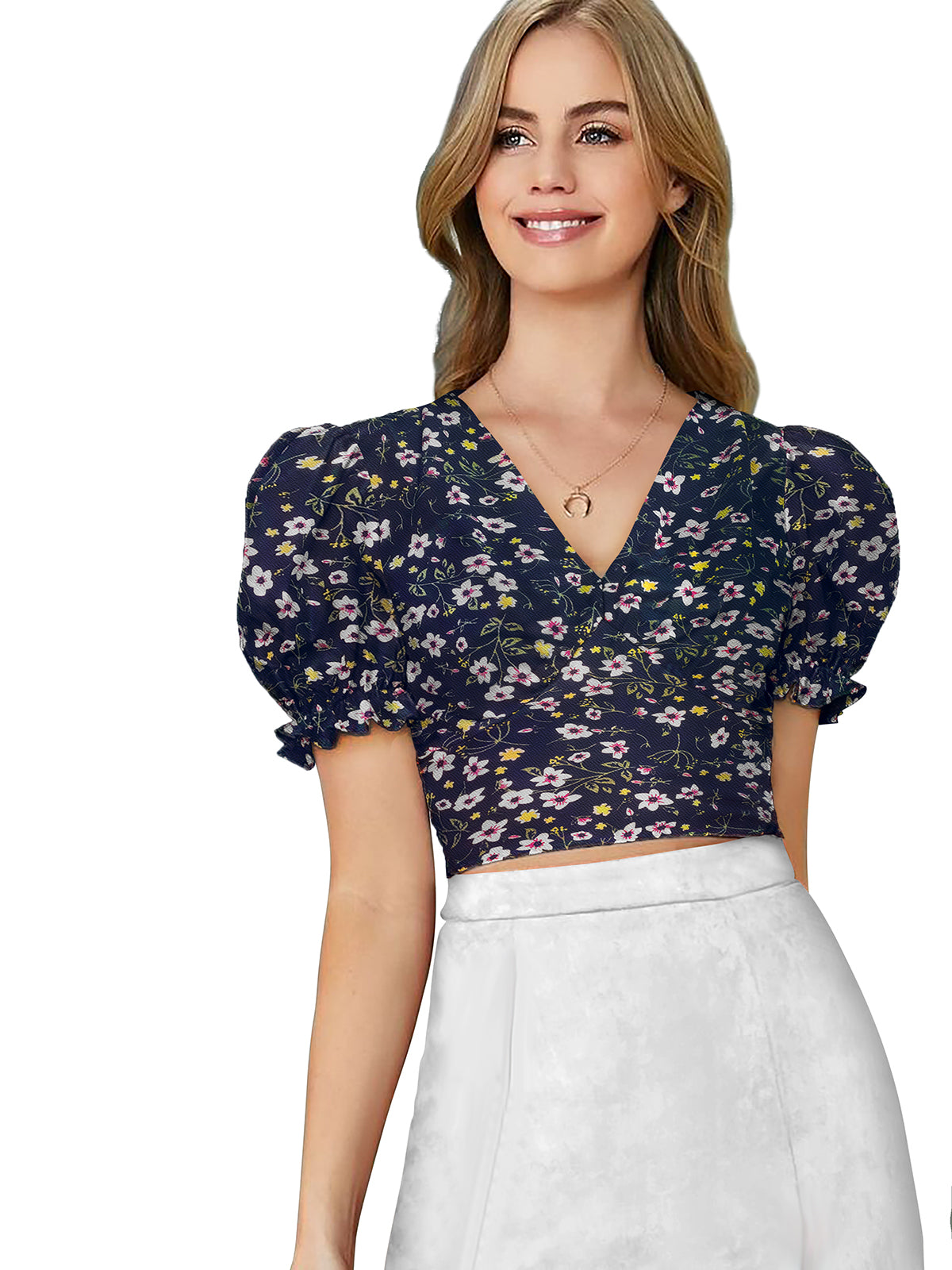 floral puff-sleeve crop top