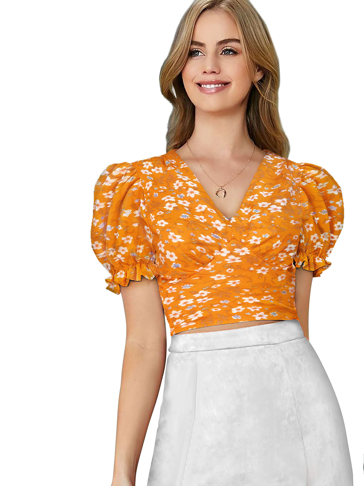 floral puff-sleeve crop top