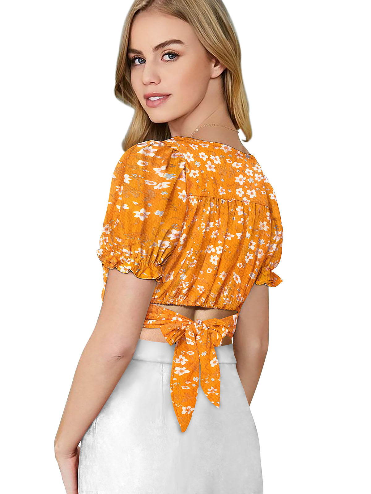 floral puff-sleeve crop top