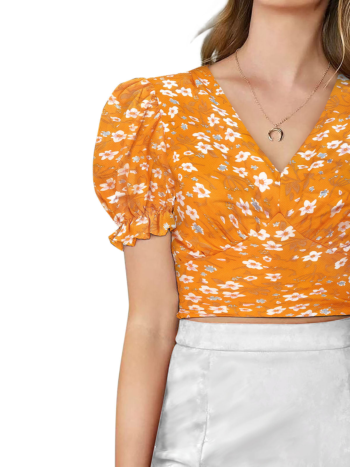 floral puff-sleeve crop top