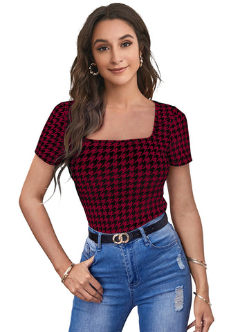 maroon houndstooth fitted top