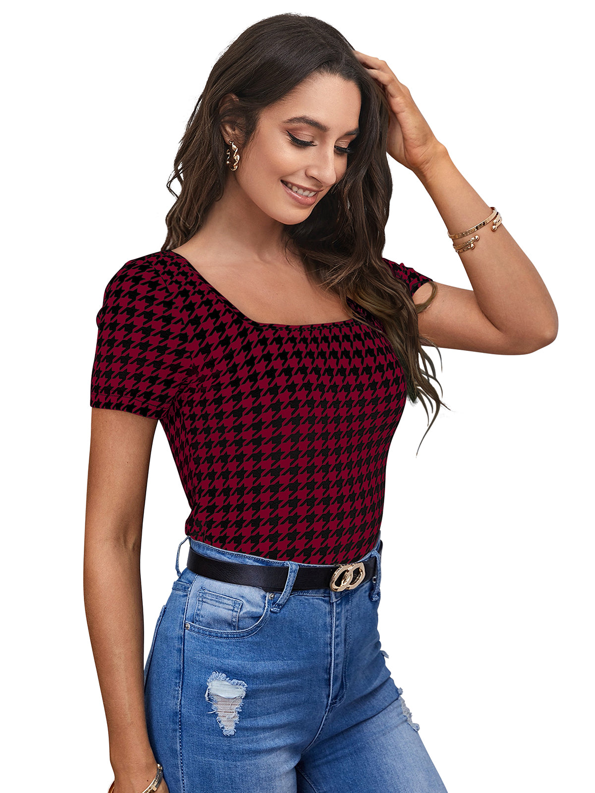 maroon houndstooth fitted top