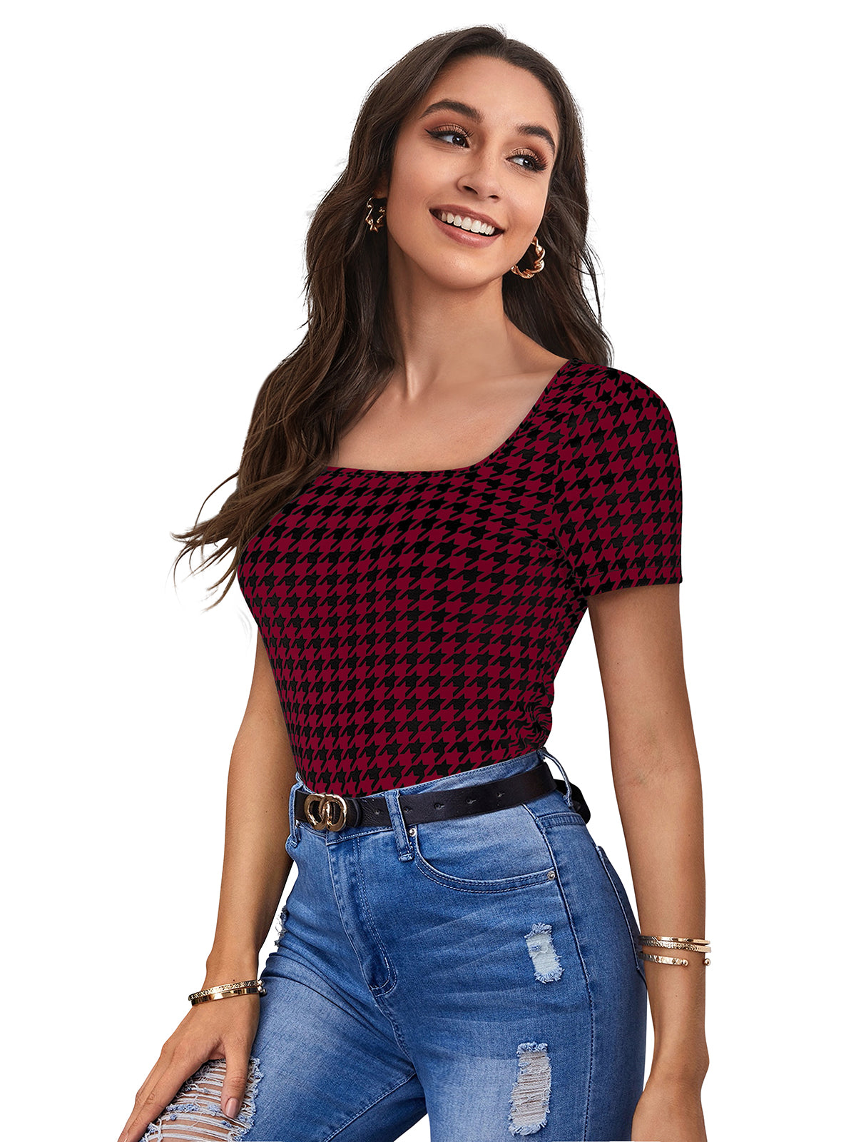 maroon houndstooth fitted top