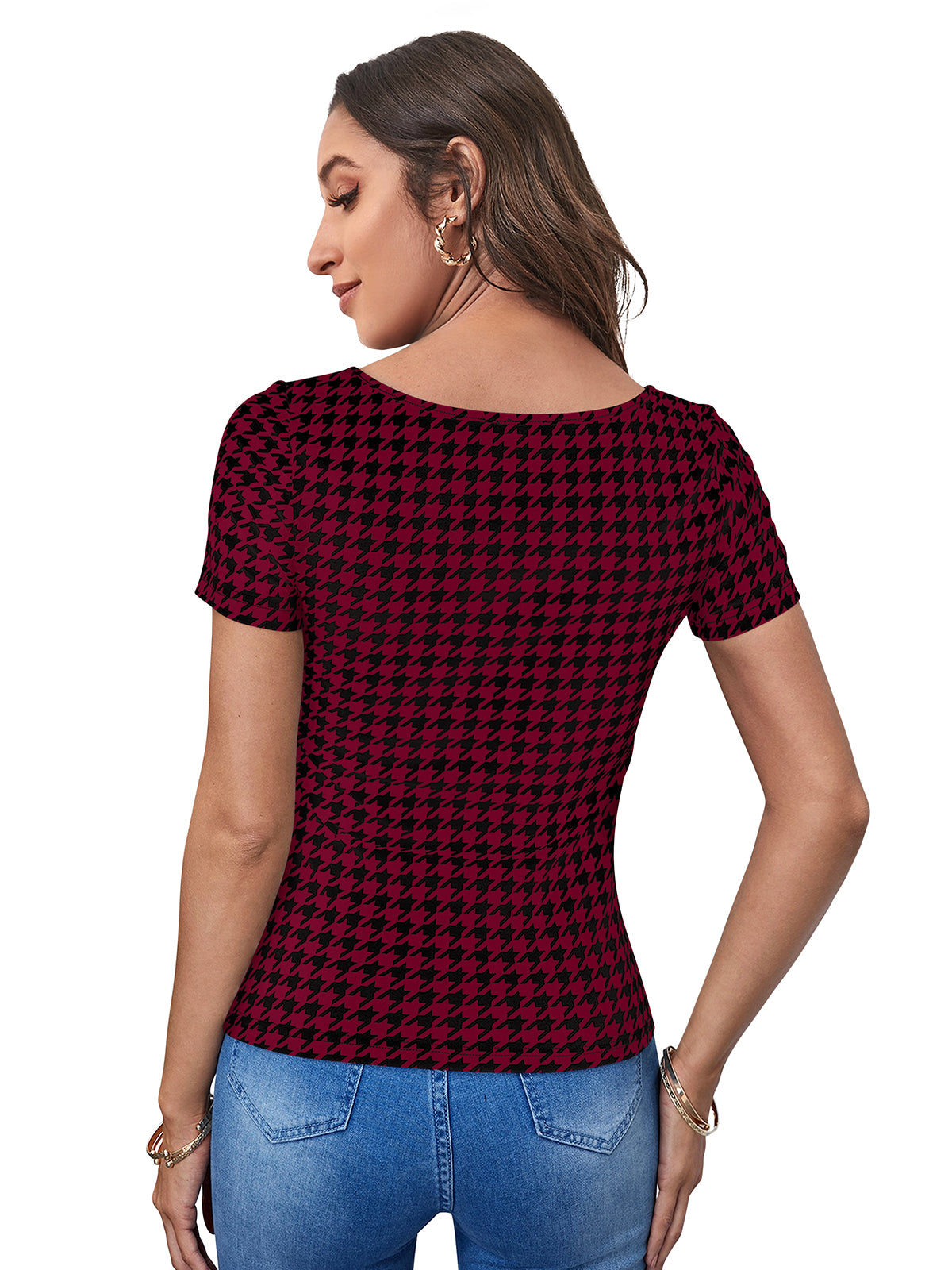 maroon houndstooth fitted top