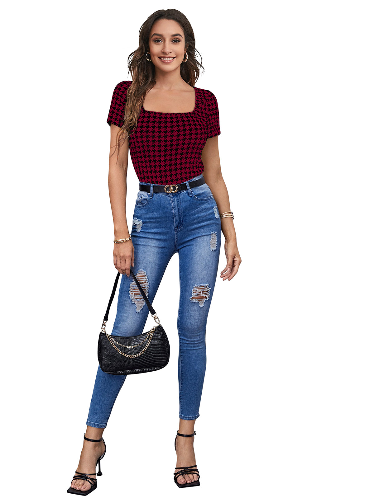 maroon houndstooth fitted top