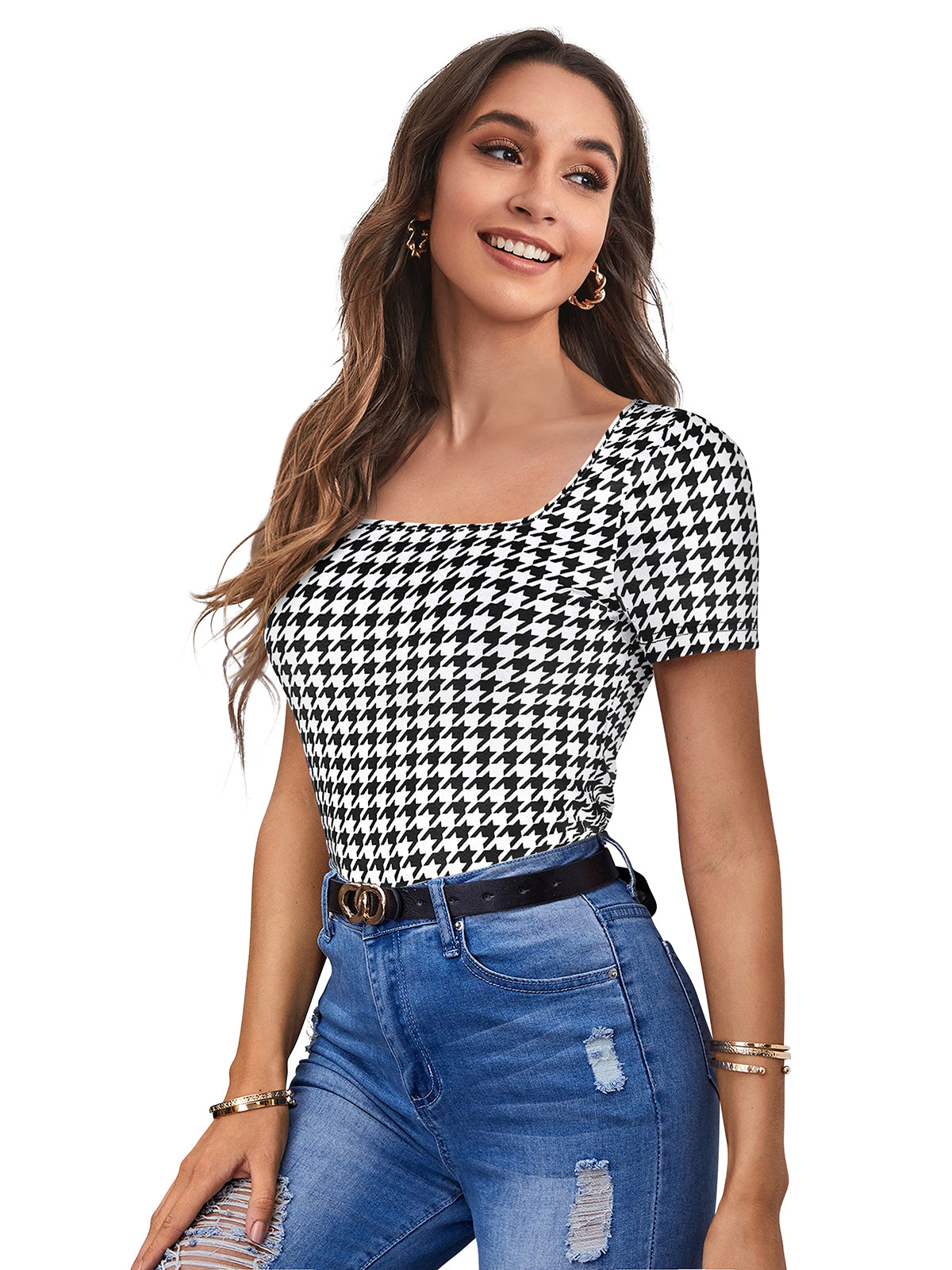 maroon houndstooth fitted top
